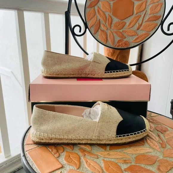 🍀KATE SPADE Garden Black Leather & Natural Canvas Espadrilles - Picture 5 of 6